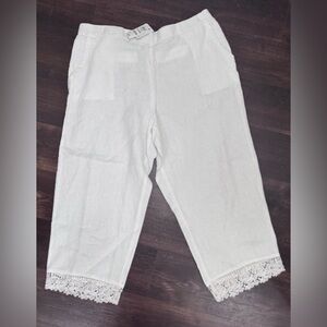 Charter Club 100% Luxury Linen White Cropped Pants with Lace Hem
